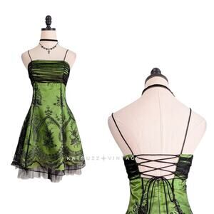 Vtg Morgan Co Prom Dress Mini Gown 6 Green Black Babydoll Y2K Fairy Goth Floral